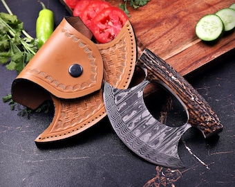Handmade Damascus Ulu Knife | Viking Style Chef Cutter, Stag Handle, Leather Sheath