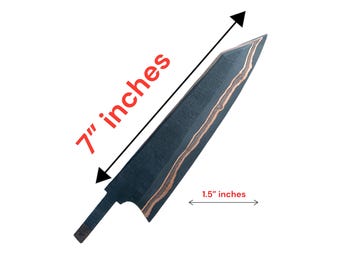 May include: A dark grey knife blade with a wavy copper-colored edge pattern. The blade features text indicating a length of 7 inches and a width of 1.5 inches, with arrows showing the measured areas against a plain white background.