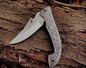 custom Handmade stainless steel Folding knife with custom Leather sheat