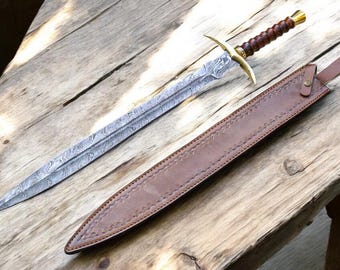 Handmade Damascus Steel Viking Sword with Leather Sheath