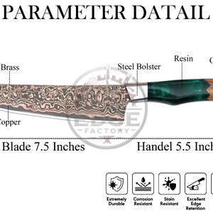 May include: A kitchen knife with a 19.05 cm blade featuring a copper and brass patterned finish, a steel bolster, and a 13.97 cm handle made of green resin and olive wood. The image includes text labels, a 153-gram weight indicator, and icons.