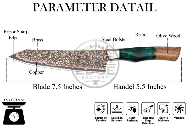 May include: A kitchen knife with a 19.05 cm blade featuring a copper and brass patterned finish, a steel bolster, and a 13.97 cm handle made of green resin and olive wood. The image includes text labels, a 153-gram weight indicator, and icons.