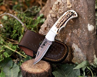 Handmade Copper Damascus Folding Knife, Stag Antler Handle, Leather Sheath