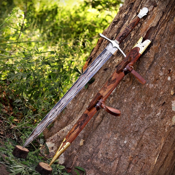 Personalized Copper Damascus Steel Viking Sword, Carved Wooden Scabbard, Fantasy Gift Groomsman Gift