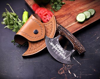 Ulu Knife: Handcrafted Stag Handle, Stainless Steel Blade, Leather Sheath