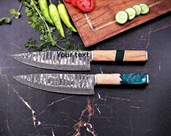 Handmade Damascus Steel Chef Knife, Resin Wood Handle, Razor Sharp Kitchen Knife (Leather Sheath)