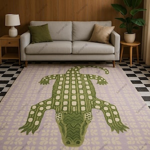 Whimsical Green Crocodile Wool Rug|Playful Modern Decor rug,Hand-Tufted Animal Carpet for Living Room or Kids Room Floor mat animals rug!!