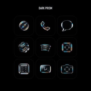 May include: A collection of nine app icons labeled DARK PRISM, featuring a glass-like, translucent aesthetic with iridescent edges on a black background. The icons include a compass, phone, speech bubble, logo, signal, camera, letter N, play button, and camera.