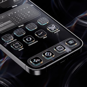 May include: A smartphone screen displaying a dark theme interface with translucent, glass-like app icons and widgets. The display features a calendar, various application icons including Nike and Headspace, and text labels such as Bookmarks, Journal, and News.