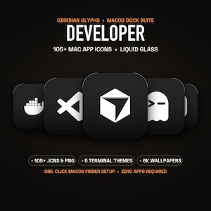 Obsidian Glyphs: Developer Edition – Mörka minimalistiska macOS-appikoner, 5 terminalteman, anpassade mappar, 6K OLED-bakgrundsbilder för Mac Dock