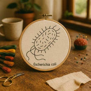 Könnte beinhalten: Ein weißer Stickrahmen mit einer schwarzen Linienzeichnung eines Escherichia-coli-Bakteriums. Der Rahmen liegt auf einem Holztisch mit einer Spule bunten Stickgarns und einem Nadelkissen.