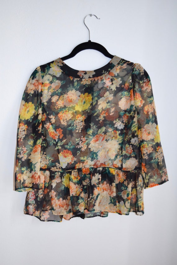 Black Floral Sheer Baby Doll Ruffle Blouse