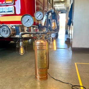 Lamp, firefighter decor, industrial, farmhouse, wood, steel, copper, iron, steampunk lamp