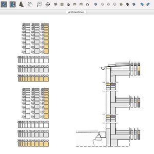 Könnte beinhalten: Architekturzeichnung mit detaillierten Diagrammen und Maßen. Das Bild zeigt mehrere rechteckige Blöcke mit numerischen Werten sowie eine Seitenansicht einer Gebäudestruktur. Der Text "Archzeichnen" ist sichtbar.