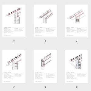 以下が含まれることがあります： グリッド状に配置された10種類の技術的な建築図面のコレクション。各図面は、黒い線、赤いハイライト、および説明的なテキストラベルを使用して、屋根の軒先と壁の構造の異なる詳細をそれぞれ示しています。