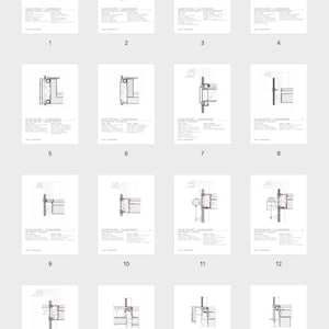 以下が含まれることがあります： Glass Facadeとラベル付けされた16枚の技術的な建築図面のコレクション。それぞれ、白い背景の上に、建物の外壁システム、構造コンポーネント、ガラスパネルの取り付け構成の詳細な断面図が表示されています。