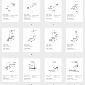 Könnte beinhalten: Eine Sammlung von zwölf architektonischen technischen Zeichnungen mit der Beschriftung STAIR | TREPPE, die jeweils detaillierte schwarz-weiße Querschnittsdiagramme verschiedener Treppenkonstruktionen mit nummerierten Beschriftungen zeigen.