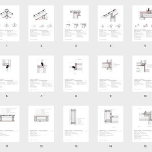 Może przedstawiać: Kolekcja piętnastu technicznych rysunków architektonicznych oznaczonych jako Timber Frame, przedstawiających różne szczegóły konstrukcyjne dachów, ścian i połączeń strukturalnych. Każdy schemat zawiera czarne linie na białym tle z opisowymi blokami tekstu i ponumerowanymi etykietami od jednego do piętnastu.