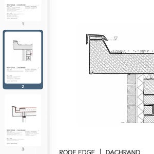 Könnte beinhalten: Architekturzeichnung eines Dachranddetails, beschriftet mit "ROOF EDGE | DACHRAND". Die Zeichnung zeigt einen Querschnitt eines Daches mit einer Dachrinne und einer Ziegelmauer. Das Bild ist in Schwarzweiß.