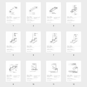 Puede incluir: Una colección de doce diagramas arquitectónicos técnicos numerados del 1 al 12, cada uno ilustrando dibujos de líneas en blanco y negro de detalles de construcción de escaleras con texto descriptivo y líneas guía que indican componentes.