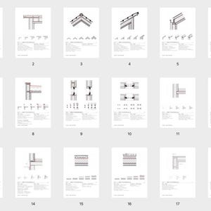 May include: A collection of eighteen technical architectural construction detail drawings arranged in a grid. Each numbered panel displays black and white line diagrams of building sections, wall assemblies, and roof connections with text.