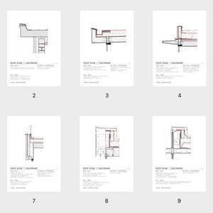 Peut inclure: Une collection de dix dessins techniques architecturaux intitulés Roof Edge et Dachrand, présentant des schémas en coupe détaillés de diverses méthodes de construction de toiture, couches structurelles et profils de bordure sur papier blanc.