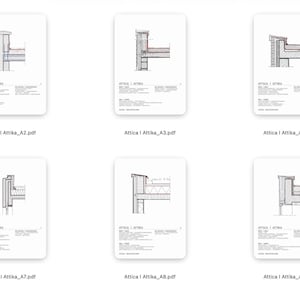 May include: A series of architectural diagrams labelled "Attica" on white backgrounds. Each diagram is a detailed cross-section, rendered in black and red, showing building construction details. The diagrams are arranged in a grid, with file names visible below each image.