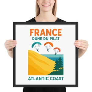 Póster de la Duna de Pilat, Francia | Arte mural enmarcado de la Costa Atlántica | Lámina artística de parapente | Decoración costera francesa