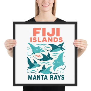 Fiji Manta Rochen Poster | Gerahmtes Ozean Wandbild | Tropisches Manta Ray Kunstwerk mit schwarzem oder weißem Rahmen
