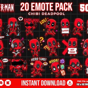 Puede incluir: Gráfico de descarga digital con 20 emoticonos chibi Deadpool en varias poses y expresiones. Los emoticonos son rojos y negros, con bocadillos de texto y frases como "LOL!" y "Hero Time!". La imagen incluye el texto "SPIDER-MAN 20 EMOTE PACK" y "INSTANT DOWNLOAD".