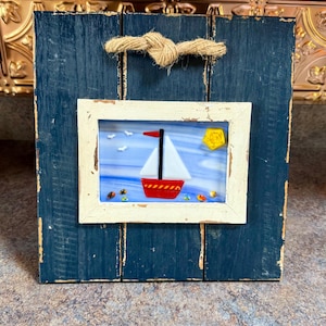 Fused Glass Sailboat in Ocean in Nautical Blue Frame