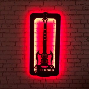 Insegna da parete a LED con silhouette di chitarra e retroilluminazione / Decorazione da parete per sala musica, studio, bar, taverna, camera da letto / Regalo illuminato per musicisti