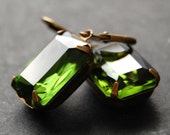 Green Earrings, Czech Glass, Antique Brass Estate Style Leverback Earrings, Vintage Olive Glass Octagon