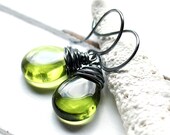 Olive Green Glass Earrings, Oxidized Sterling Silver Wire Wrapped Czech Glass Flat Teardrop, Handmade Sterling Silver Earwires