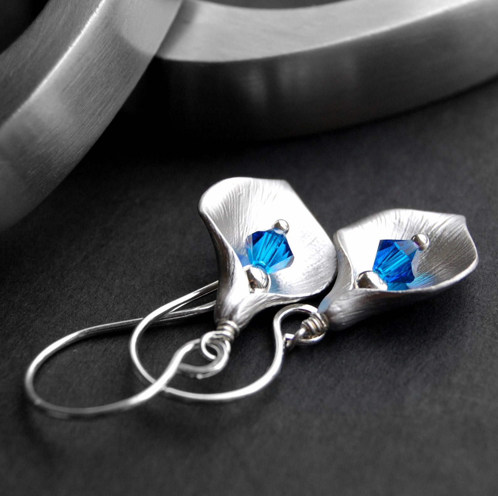 Brushed Silver Calla Lily Earrings Blue Swarovski Crystal Etsy