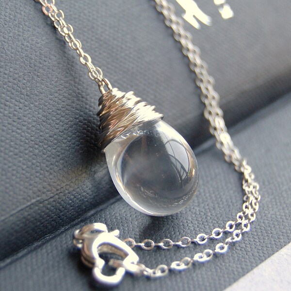 Clear Glass Necklace, Smooth Czech Glass Wire Wrapped Teardrop on Sterling Silver Cable Chain