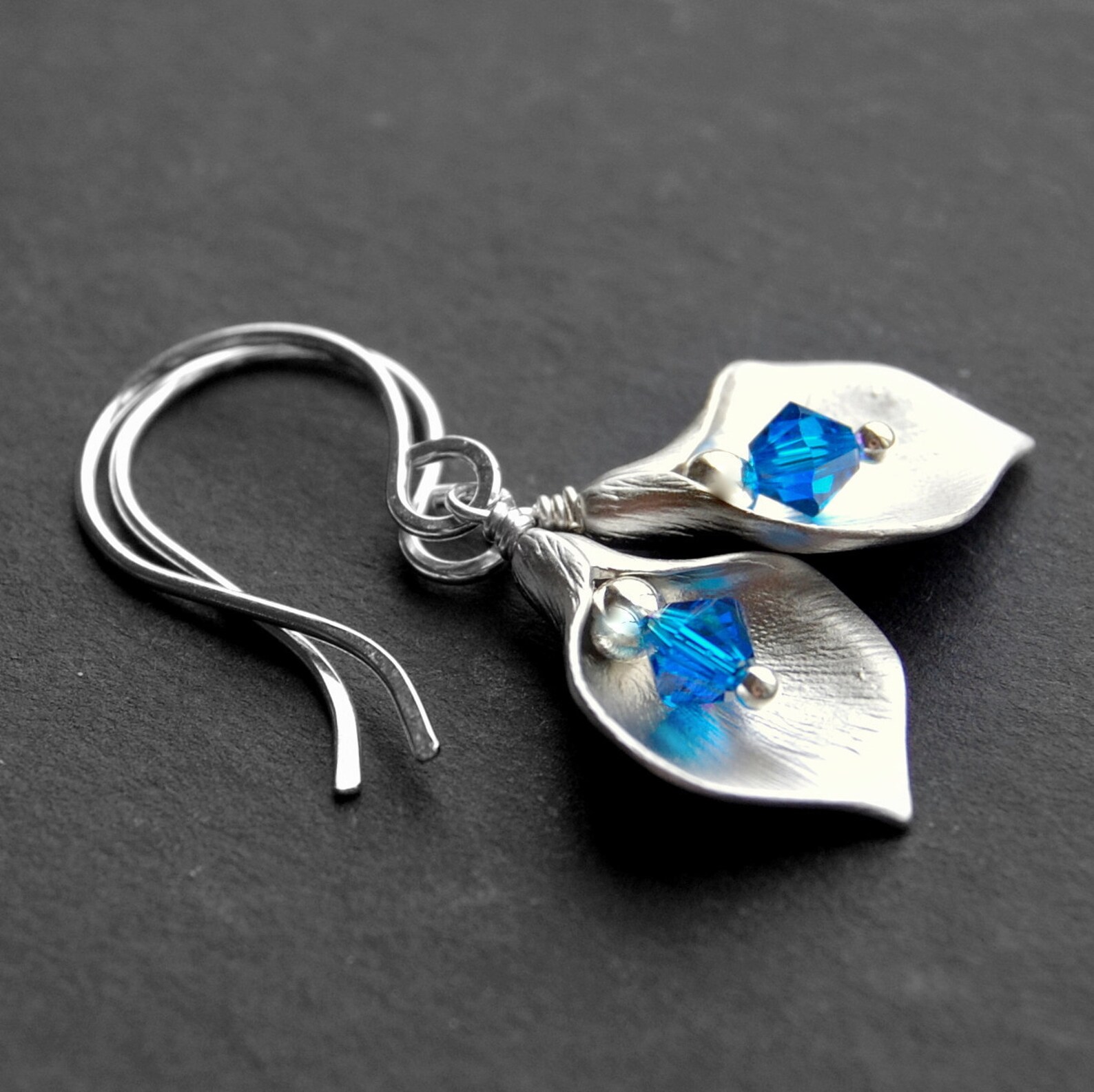 Brushed Silver Calla Lily Earrings Blue Swarovski Crystal Etsy
