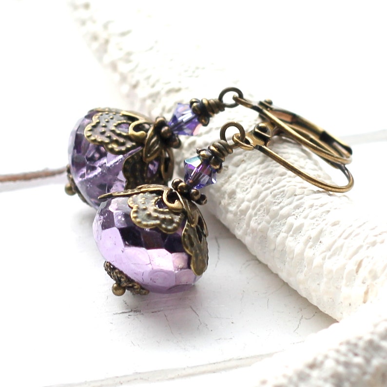 Violet Purple Glass Earrings Vintage Style Faceted Czech Etsy