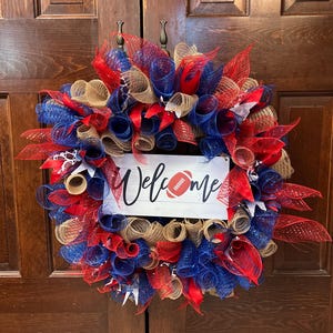 Buffalo Bills Football Wreath: Red, White & Blue Mesh, 25&quot; Handmade Decor