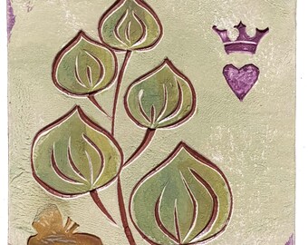 May include: Square ceramic tile with a light green background and a purple border. The tile features a stylized botanical design with green leaves and brown stems. A purple crown and heart are in the upper right corner, and a butterfly is in the lower left.