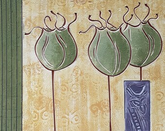 May include: Abstract painting featuring three green tulip-like shapes with brown stems against a textured, yellow background. A sun-like design and a vertical green stripe are on the left. A purple rectangle with text is at the bottom.