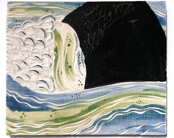 May include: A rectangular art print featuring a stylized ocean wave with white foam, light green and blue water, and a large, solid black shape on the right side. The surface has a textured, grooved appearance with visible horizontal lines throughout.