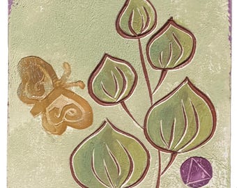 May include: Square ceramic tile with a textured, light green background. A golden butterfly and a plant with green leaves and brown stems are depicted. A purple geometric shape is in the lower right corner. The tile has a purple border.