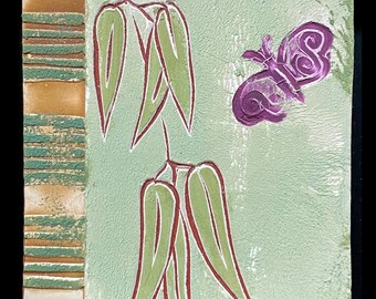 May include: Square ceramic tile with a textured, light green background. Features a stylized design of green leaves with red outlines and a purple butterfly. The left side has a vertical stack of tan and green stripes.