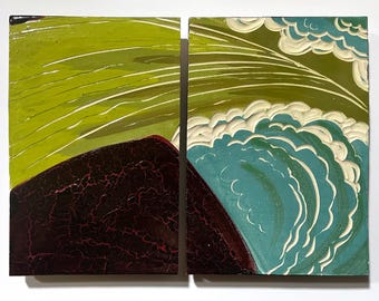 May include: A diptych wall art set featuring two rectangular panels with a relief texture. The design displays a dark maroon textured foreground, a bright lime green upper section with sweeping lines, and stylized teal and white ocean waves.