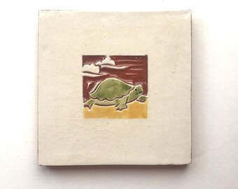 4 inch green turtle tile, 4" x 4" hand carved terra-cotta and white tile, trivet, or wall hanging