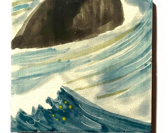 May include: A square ceramic tile featuring a hand-painted scene of a dark brown rock formation surrounded by swirling light blue and white water. The foreground displays a deep blue wave with small yellow dots, all set against a cream background.