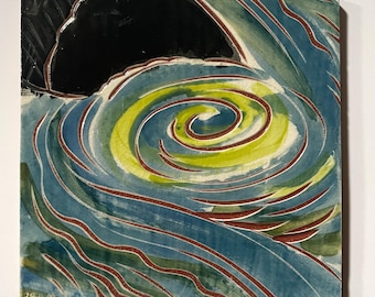 May include: A square ceramic tile featuring a glossy finish with a central swirling pattern in shades of lime green, teal, and blue. The design includes deep red incised lines and a large, solid black shape in the upper left corner.