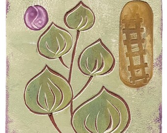 May include: Square ceramic tile with a textured, light green background and a purple border. The tile features a stylized plant design with green leaves, brown stems, and a purple yin-yang symbol. A gold-colored rectangular shape with a ladder design is also present.