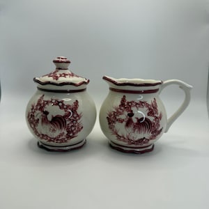 Cream and Sugar Set Vintage Rooster Red White Young&#39;s